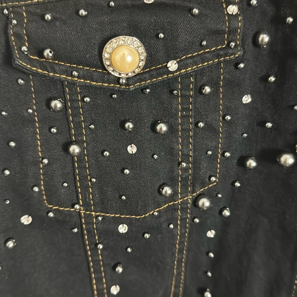 Quacker Factory Studded Embellished Diamond Pearl Black Denim Jean Jacket Large - Picture 8 of 9